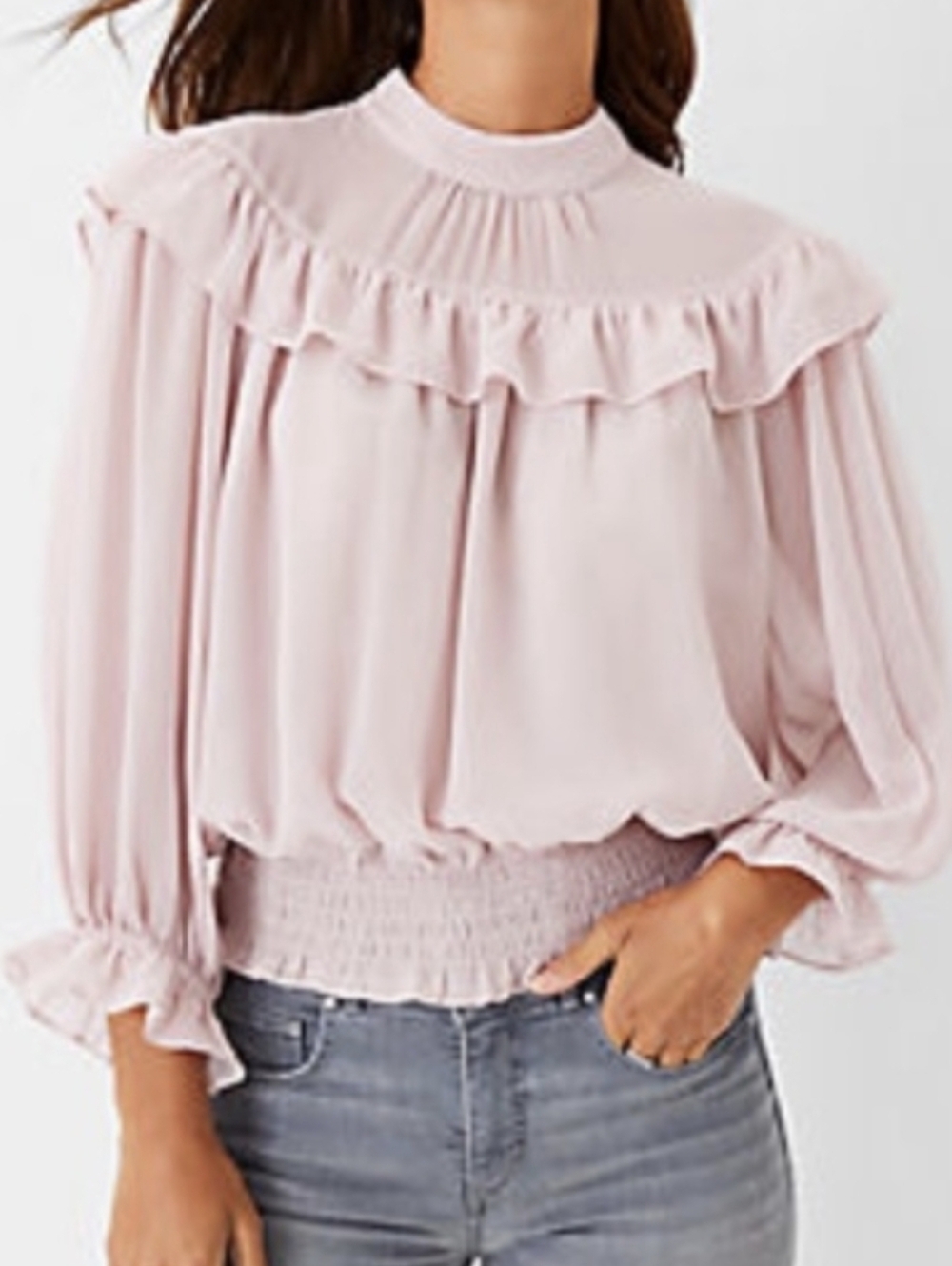 Ann Taylor Light Pink Ruffle Yoke Long-Sleeve Blouse Smocked Hem Size M